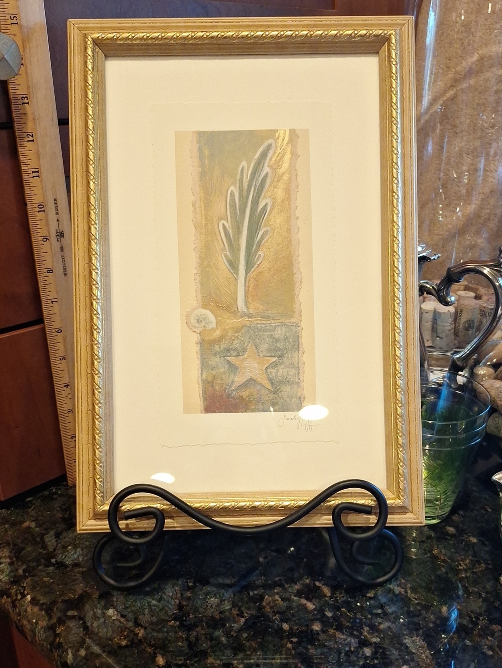 Vtg. Pier 1 Framed Star & Leaf Artwork in Gold Frame Signed Sarah Lugg